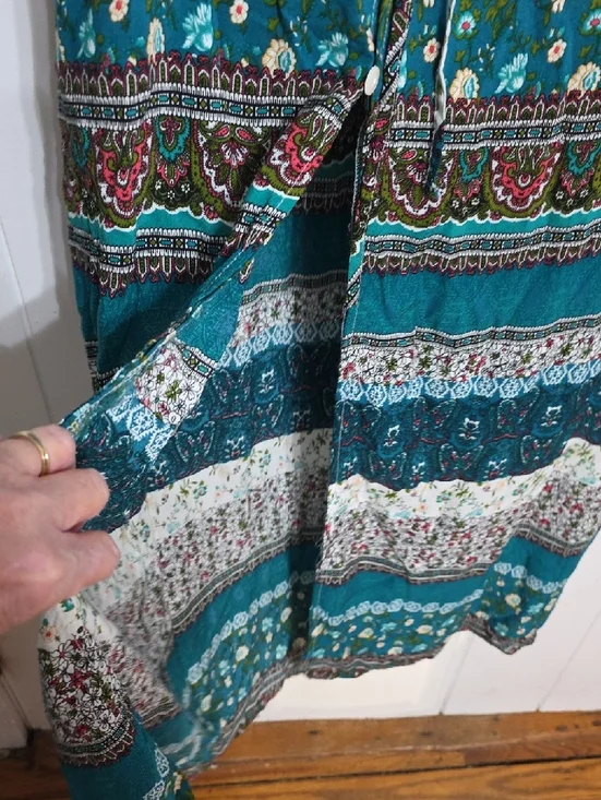 R. Vivimos Womens Dress Buttons Front Slit Teal Floral Tab Sleeves Sz M 8/10 EUC - Picture 10 of 13